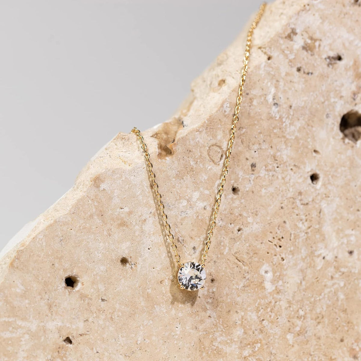 14K Gold Plated Crystal Solitaire 1.5 Carat (7.3Mm) Cubic Zirconia Dainty Choker Necklace | Gold Necklaces for Women