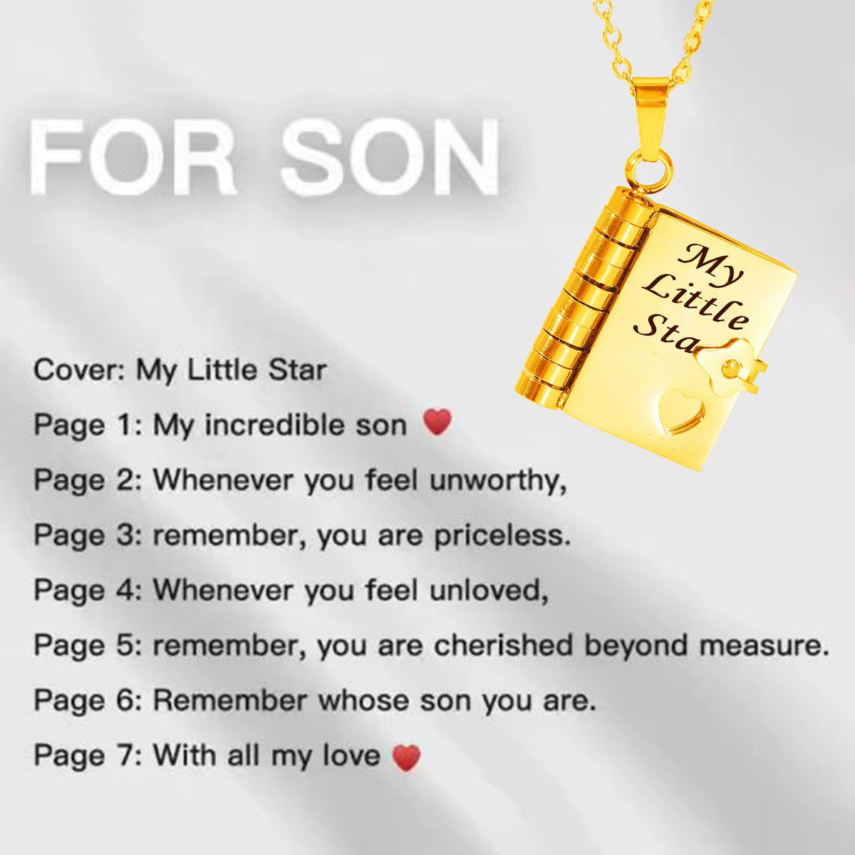 MY Little Star Book Necklace for Son Daughter Gifts from Dad Mom 18K Gold Plated Stainless Steel Birthday Gift with 6 Pages Love