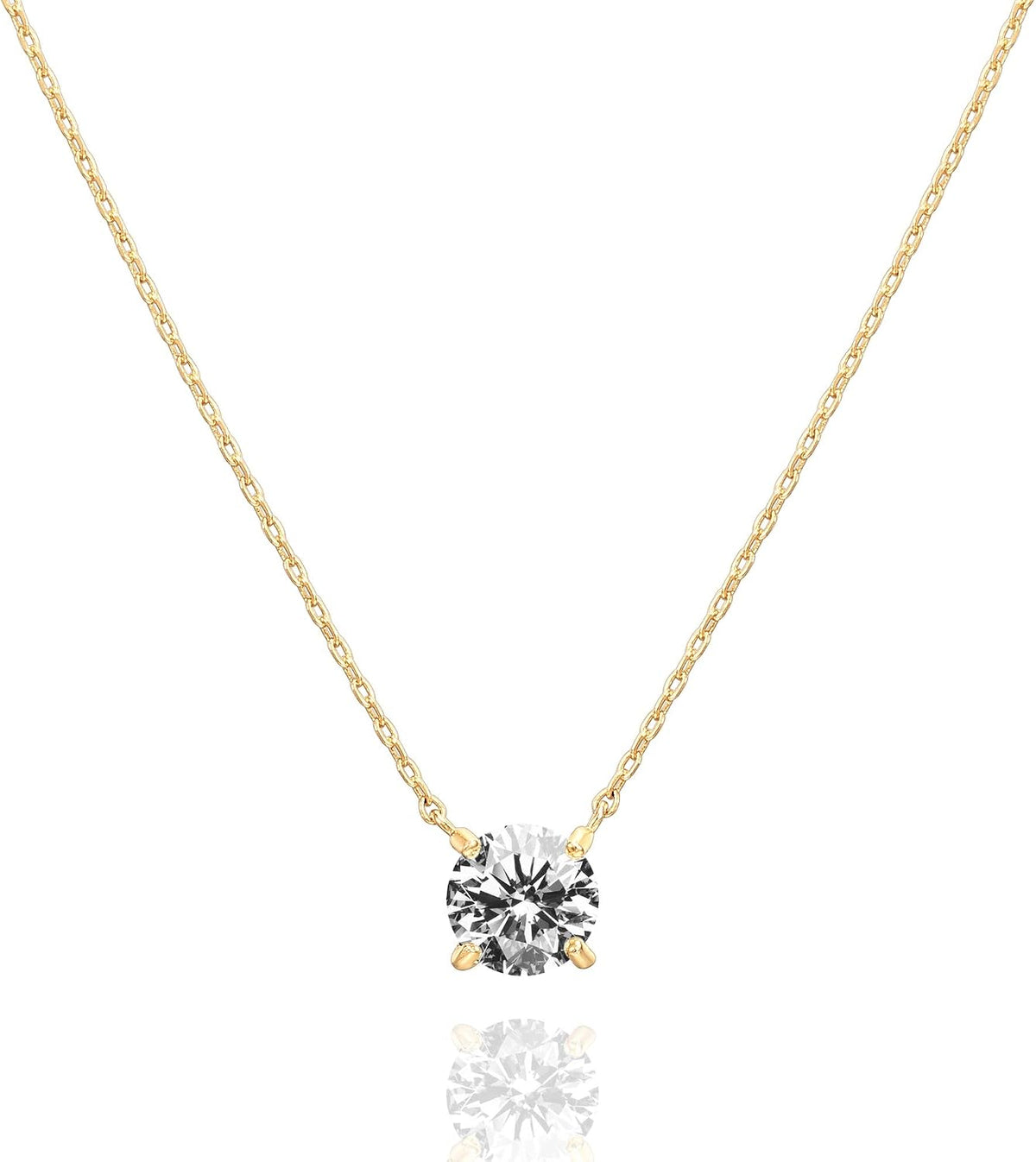 14K Gold Plated Crystal Solitaire 1.5 Carat (7.3Mm) Cubic Zirconia Dainty Choker Necklace | Gold Necklaces for Women