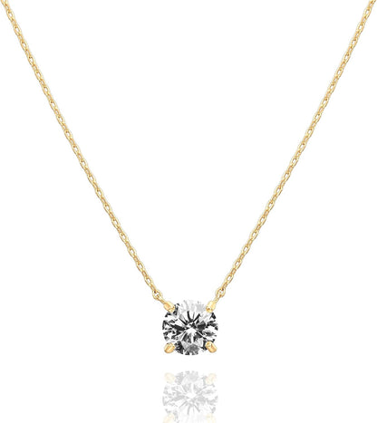 14K Gold Plated Crystal Solitaire 1.5 Carat (7.3Mm) Cubic Zirconia Dainty Choker Necklace | Gold Necklaces for Women