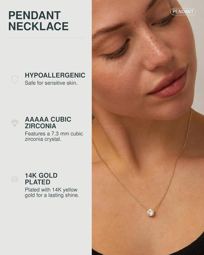 14K Gold Plated Crystal Solitaire 1.5 Carat (7.3Mm) Cubic Zirconia Dainty Choker Necklace | Gold Necklaces for Women