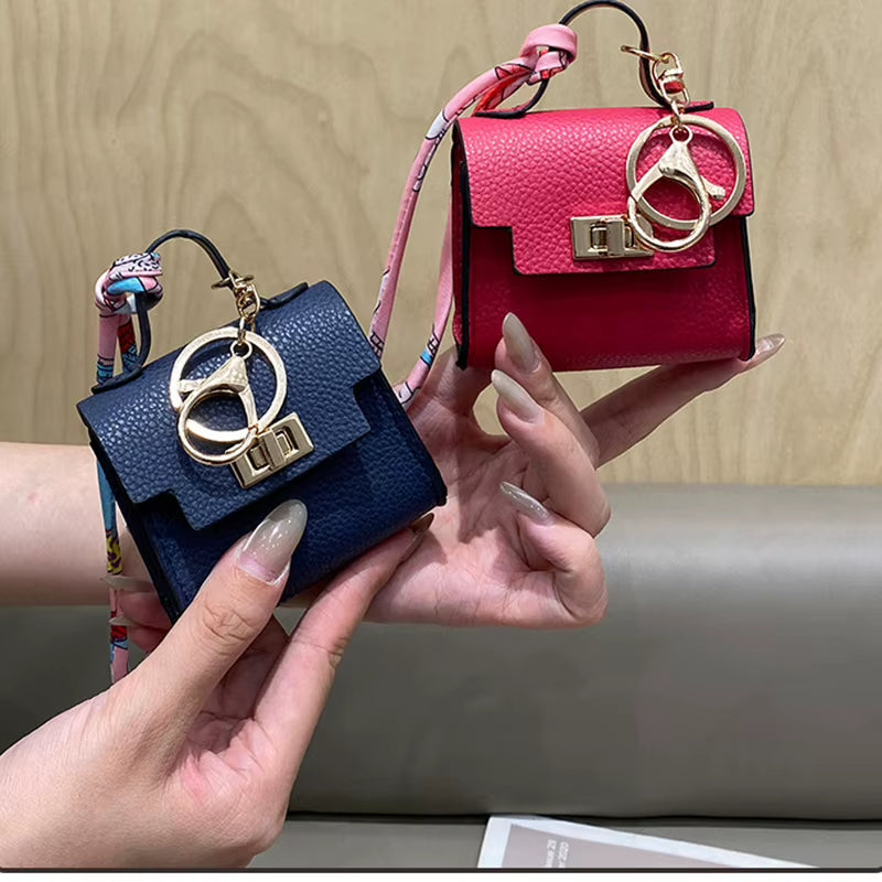 Luxury Fashion Mini Headphone Bag for Airpods 4 3 2 Pro 2 Galaxy Buds 3/3Pro Leather Purse Pendant Mini Keychain